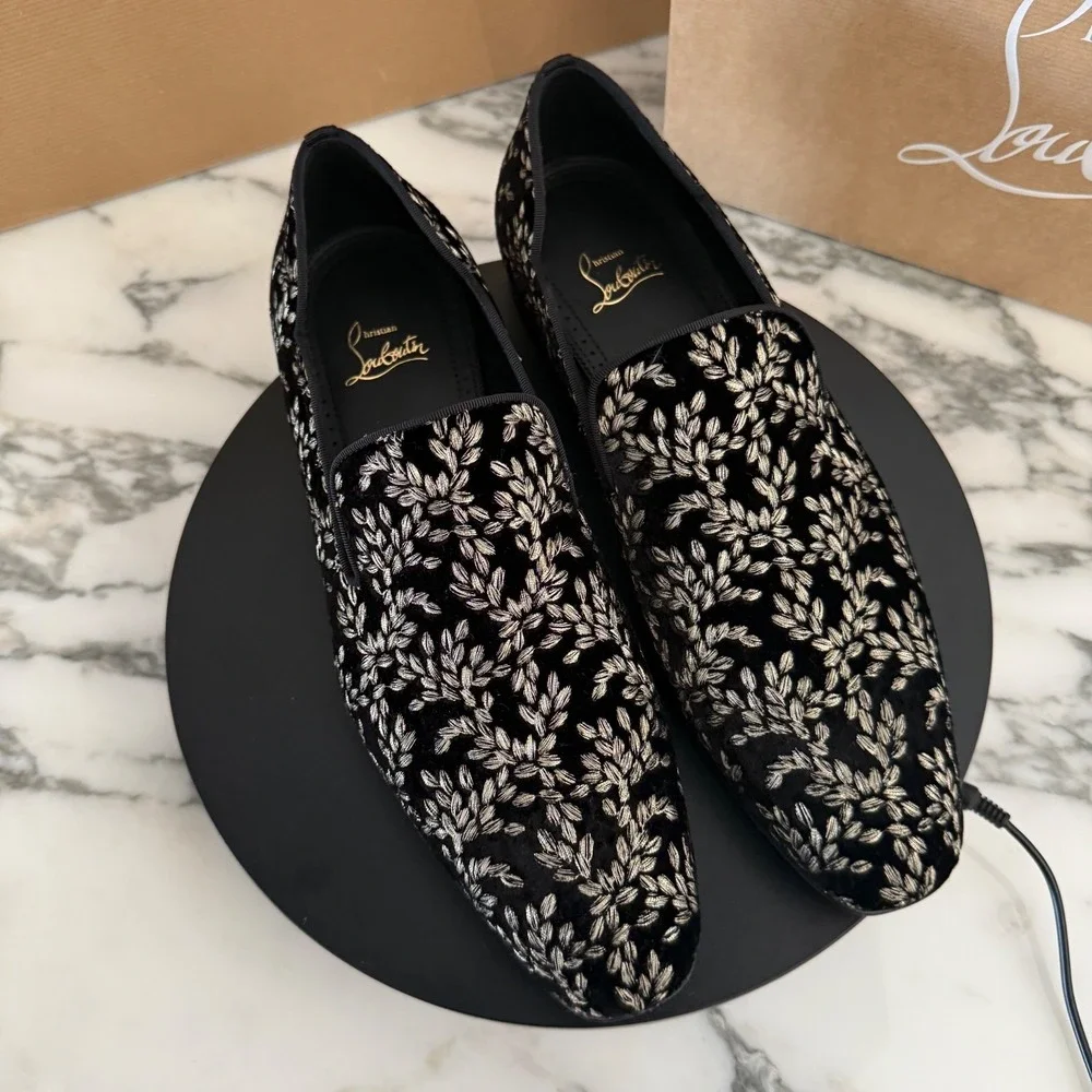 Christian Louboutin 1240896 Dandy Chick Orlato Shoe, Embroidered Black Velvet 42
